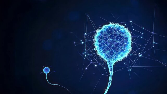 Blue digital illustration of sperm featuring a blob and cell as focal points, represents cryobanks, spermbanks, and egg and sperm banking
