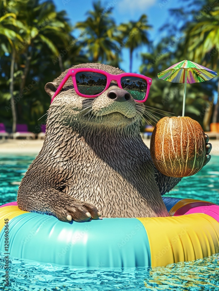 Poster otter relaxing in a pool float with a coconut drink. ai.