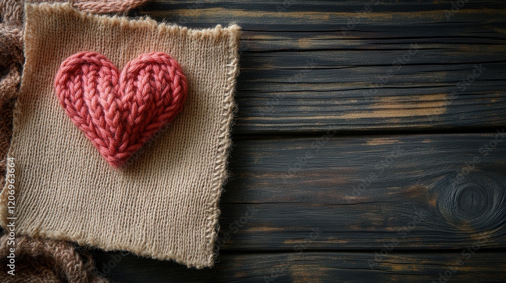 Poster abstract red knitted heart on empty note against rustic wood background for creative projects and em