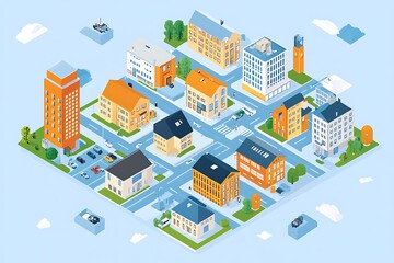 Fototapeta premium Isometric Cityscape Illustration with Vibrant Buildings