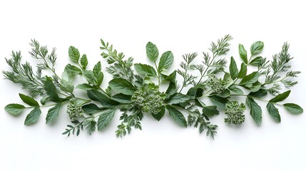 Obraz premium Freshly picked assortment of herbs arranged on a clean white background for culinary use or decoration
