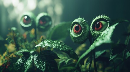 Watching eyes in the dark foliage. AI.