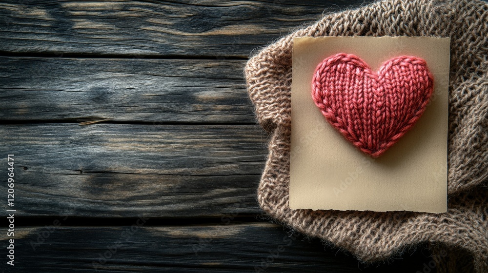 Poster abstract red heart note on empty wooden surface with cozy fabric surrounding it for creative and art
