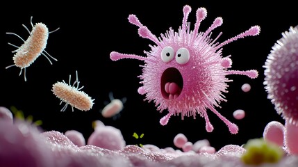 Microbial Harmony, a vivid portrayal of beneficial bacteria actively engaging in a symbiotic relationship within a vibrant ecosystem
