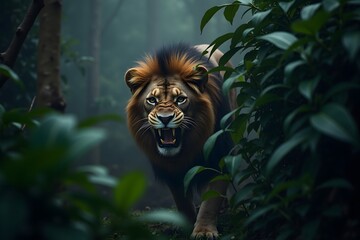 An angry lion emerges from behind the thick, foggy, and dark tropical forest bushes