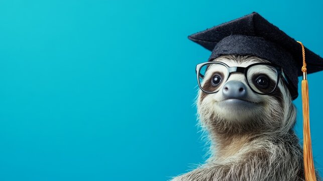 A cheerful sloth wearing a graduation cap and glasses, symbolizing education and achievement against a bright blue background.