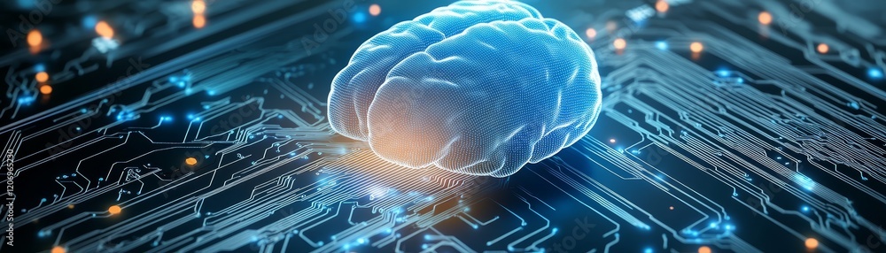 Poster brain scan on circuit board, exploring the interplay of technology and neurology