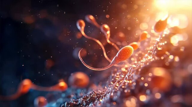 Rendered sperm in cinematic 4d with bokeh effects, warm, and cool tones, highlights cryobanks, spermbanks, and egg and sperm banking