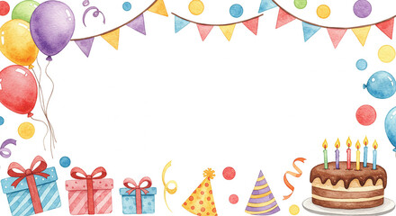 Festive Watercolor Birthday Party Border with Balloons Cake Gifts Confetti