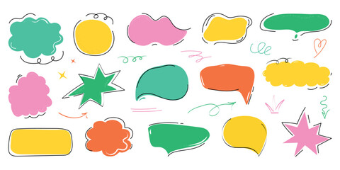 Cute speech bubble set in trendy doodle style. Handwritten Chat balloons for text, dialog icon, comic comments. Message in cloud frame, talk box. Isolated vector illustration on white background.