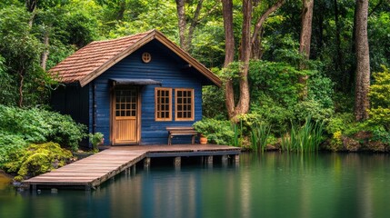 Obraz premium A small lakeside bungalow with a wooden dock extending over calm, clear water