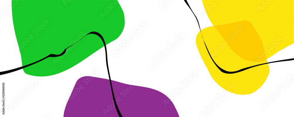 Poster mardi gras colors. abstract background with various curved bright colored shapes and black bent line