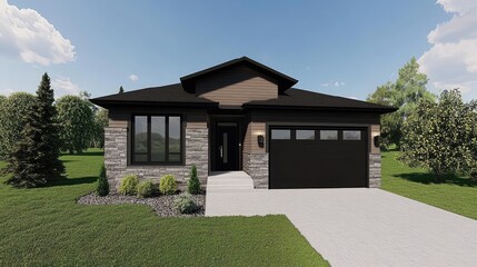 Obraz premium A small modern bungalow with a minimalist interior and open-concept living space