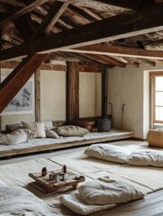 Rustic Wooden Beams Adorn Serene Minimalist Room