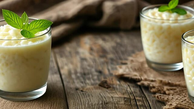 Creamy tapioca pudding served in glasses with fresh mint leaves on wooden table, Creamy tapioca pudding in glass, garnished with mint leaf, on rustic wooden surface
