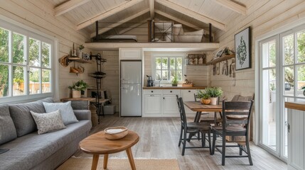 Fototapeta premium A small wooden bungalow with a loft-style design, featuring exposed beams and cozy interiors