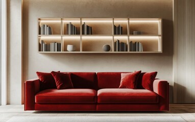 A high-resolution render of a modern, red velvet sofa with built-in bookshelves and storage. 