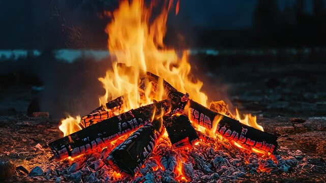 Bonfire flames dance brightly at night, creating a warm and inviting atmosphere, bonfire flames at night video background Seamless ing quality