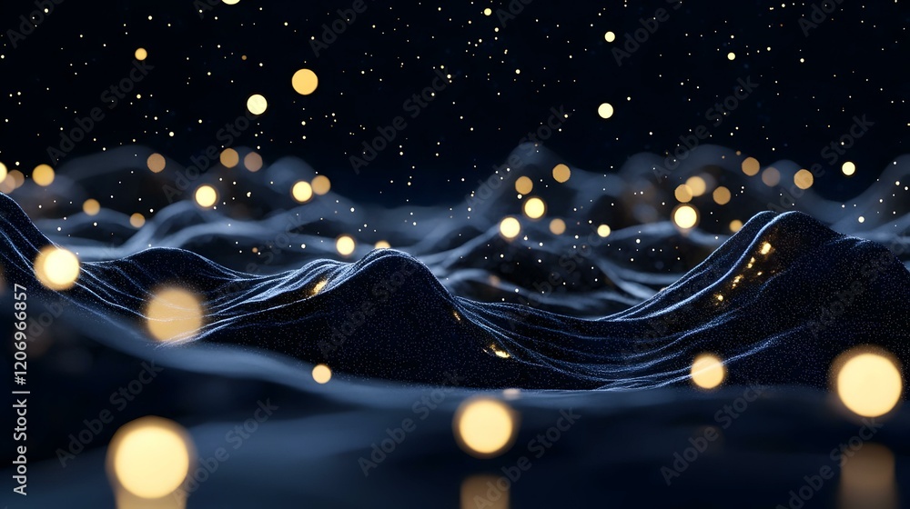Poster soft luminous orbs in deep blue and shimmering gold, creating a serene and enchanting atmosphere, in