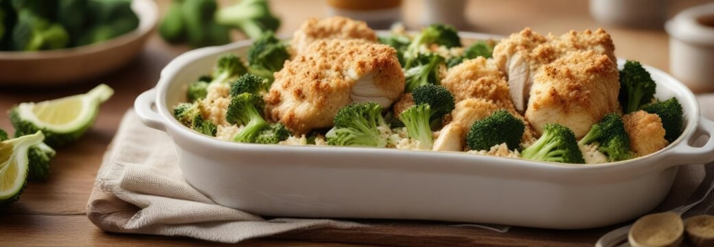 A beautifully presented chicken casserole with a crispy breadcrumb topping and steamed broccoli, crispy breadcrumb topping, poultry