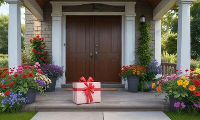 A beautifully wrapped present on a covered porch with a garden entrance and surrounding flowers, present, porch