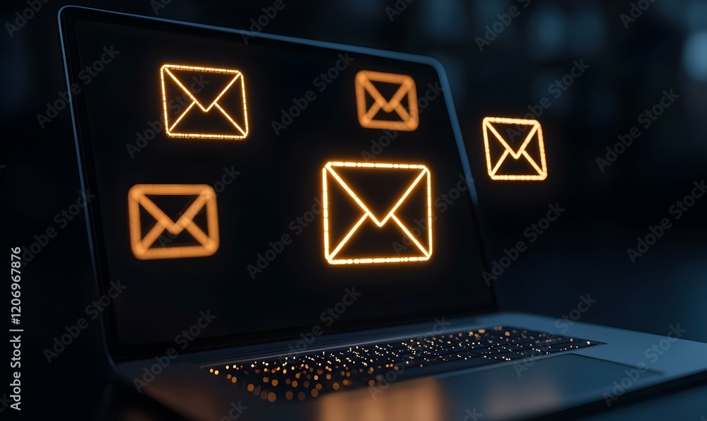 Poster digital communication hub, an open laptop displays illuminated envelope icons symbolizing messages a