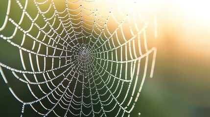 Naklejka premium Close-up of a dewy spider web glistening in the morning sunlight outdoors.