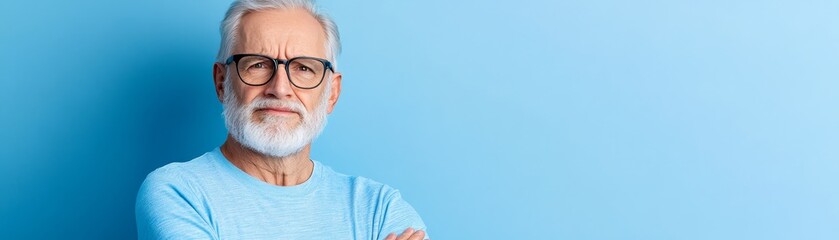 Timeless portrait, a mature gentleman in blue with contemplative gaze portrait