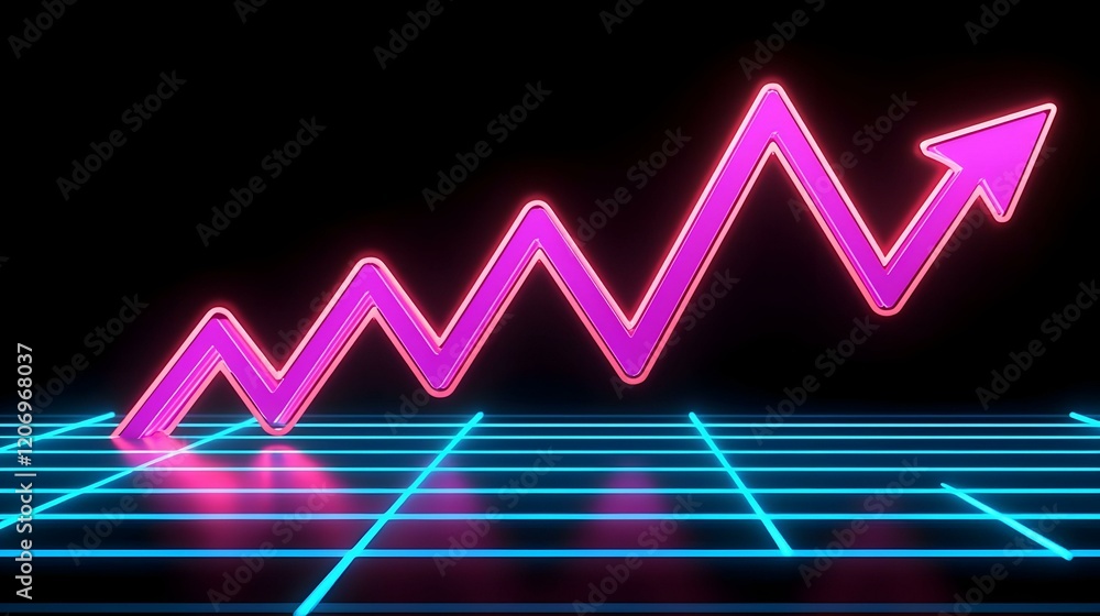Aufkleber neon glow chart with upward arrows, vibrant neon colors illuminate a dynamic upward trend, symbolizi