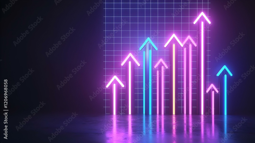 Poster neon growth visualization, dynamic glowing chart displaying vibrant upward arrows, symbolizing progr