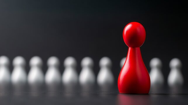 A single red pawn stands out among group of white pawns on chessboard single