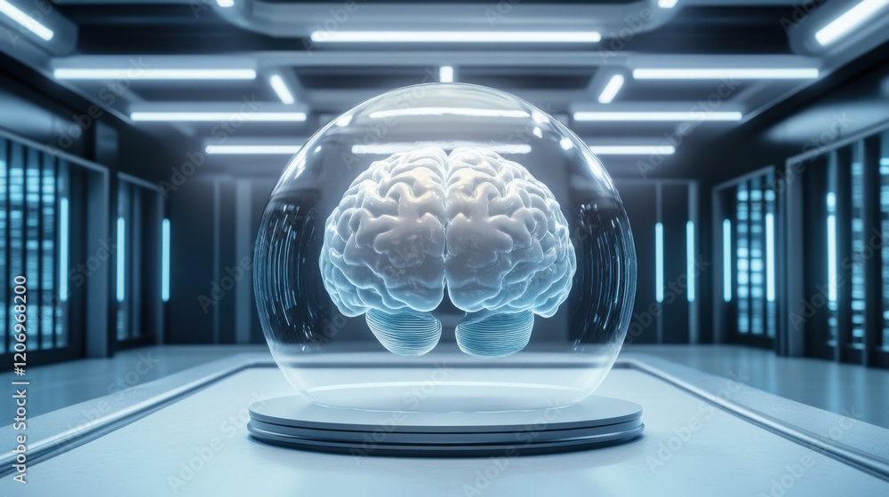 Poster a modern concept of a brain encased in a transparent sphere, set in a futuristic laboratory with neo