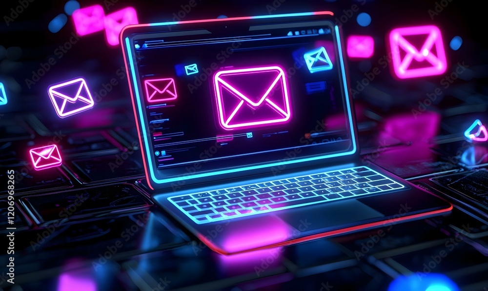Poster holographic mail icons emanating from a laptop, a vibrant display of digital communication in a mode