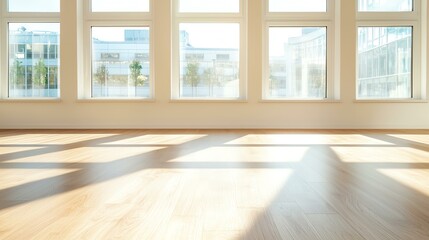 Bright and spacious interior with large windows and wooden flooring illuminated by sunlight.