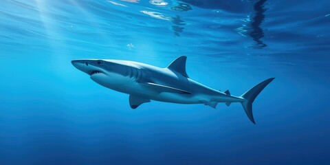 Obraz premium A blue shark gliding through calm ocean water with a hint of sunlight filtering down from above, water scene, calm water