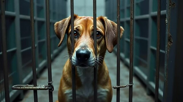 Sad animal shelter dog behind bars in a cage. Created with Generative AI