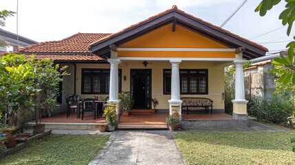 A traditional small bungalow with classic columns and a cozy front patio