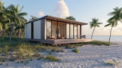 A tropical small bungalow with a private veranda overlooking a pristine beach