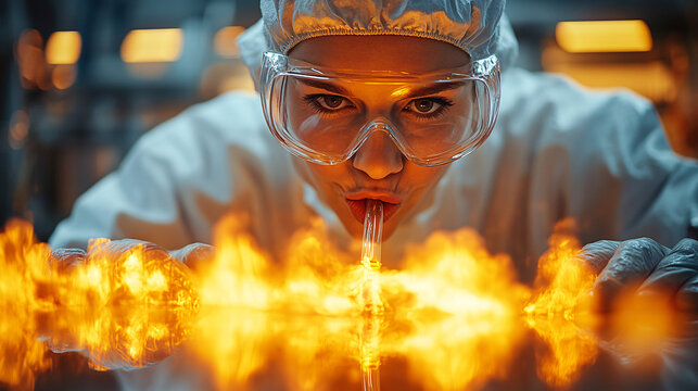 a woman in a lab coat and goggles