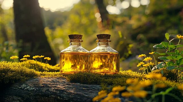 Golden elixirs resting on mossy log surrounded by bright wildflowers in afternoon sunlight