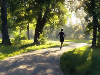 Fototapeta premium Person Running Through a Scenic Park During Early Morning Light