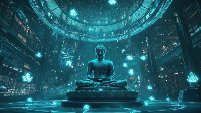 Buddha statue with futuristic lotus ambience
