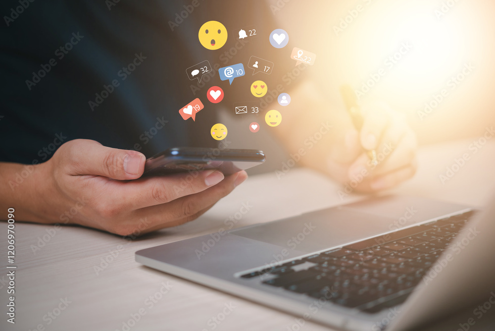 Poster hands using a smartphone with floating social media icons, representing digital interaction and onli