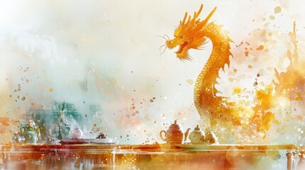Obraz premium Majestic Golden Dragon Fantasy Realm Digital Art Vibrant Colors Aerial View Mythical Inspiration