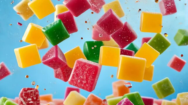 Colorful candy and jello shots create a surreal fall-inspired display in a vibrant setting, Colorful candy and Jello shot surreal fall, vast copy space, clean background