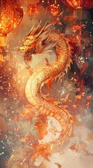 Fototapeta premium Majestic Golden Dragon Dance Ancient Temple Digital Art Ethereal Environment Front View Cultural Symbolism