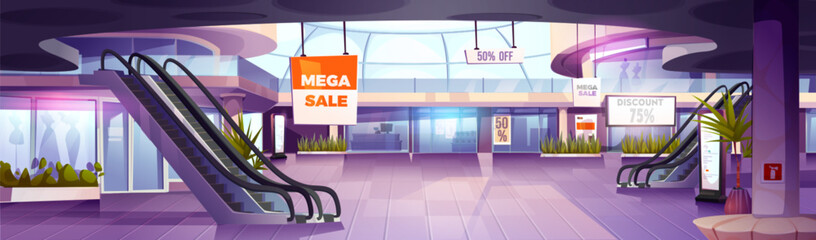 Shopping mall interior. Vector cartoon illustration of empty modern department store with shop windows, fashion boutique, grocery supermarket, escalator, discount and sale banners, shopping space © klyaksun