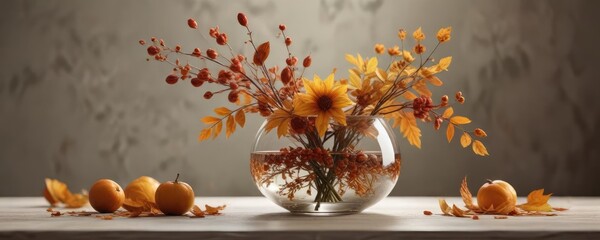 A delicate glass vase containing a carefully arranged selection of natural autumnal elements , nature, branches