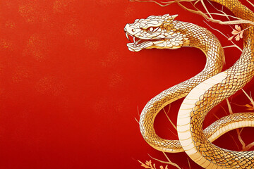 Fototapeta premium Golden Snake Wrapped Around an Orange-Red Background: Festive Chinese Zodiac Year of the Snake Illustration with Elegant Design, Perfect for Lunar New Year Wallpaper or Decorative Art Featuring Copy S