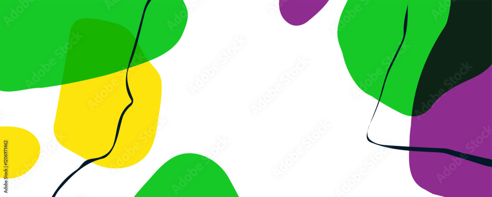 Poster mardi gras abstract background with various curved bright colored shapes and black bent lines for fa